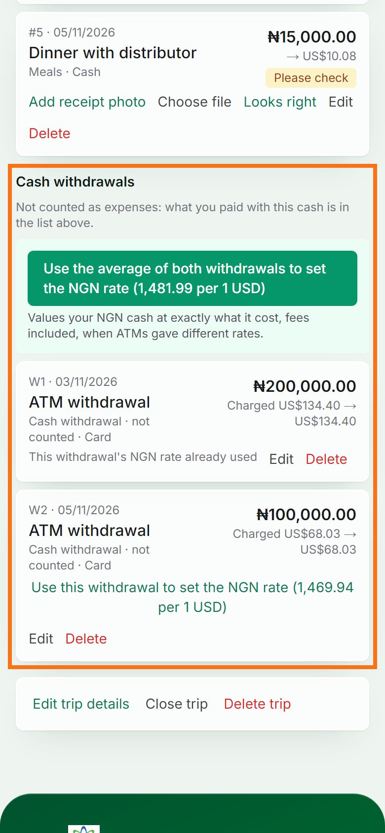 Step 2: Withdrawals are listed apart
