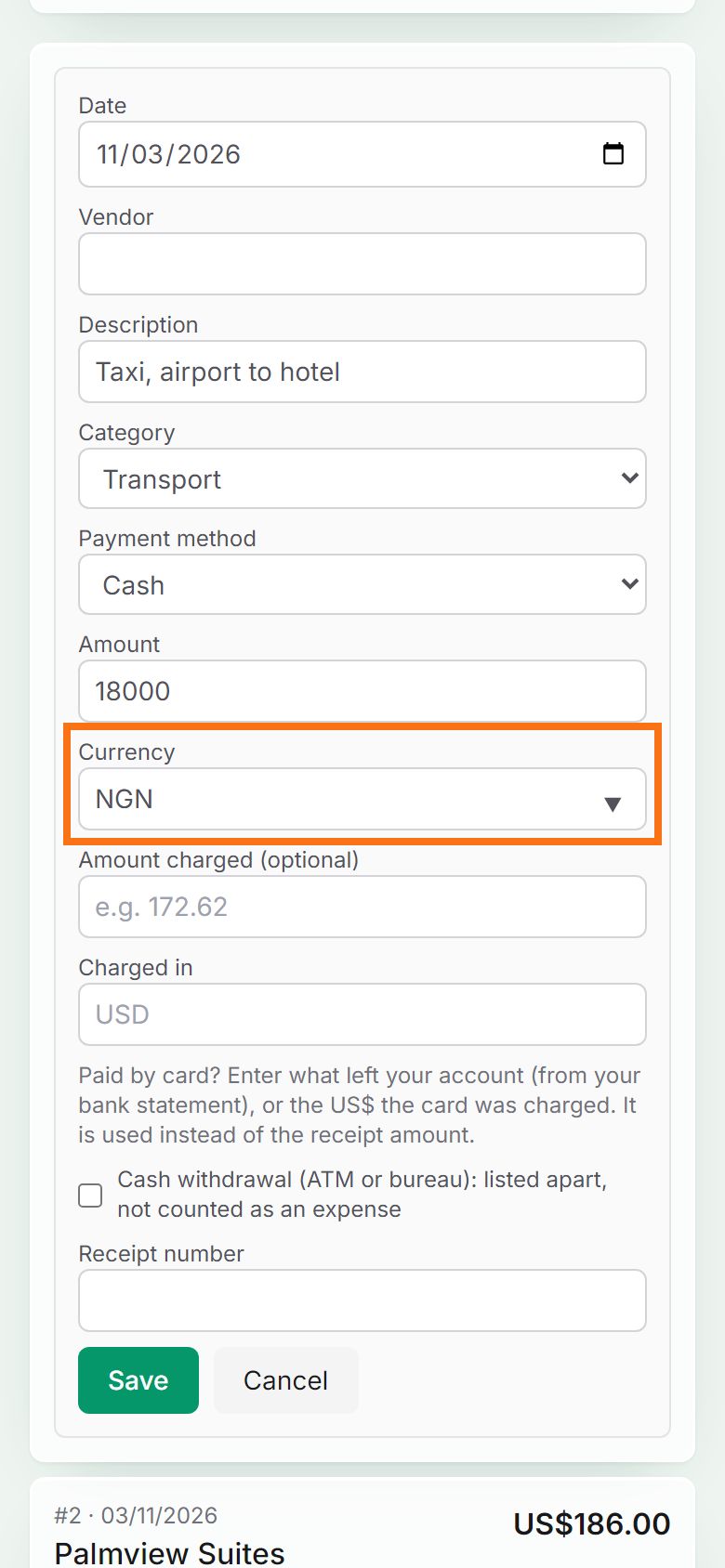 Step 3: One expense’s currency