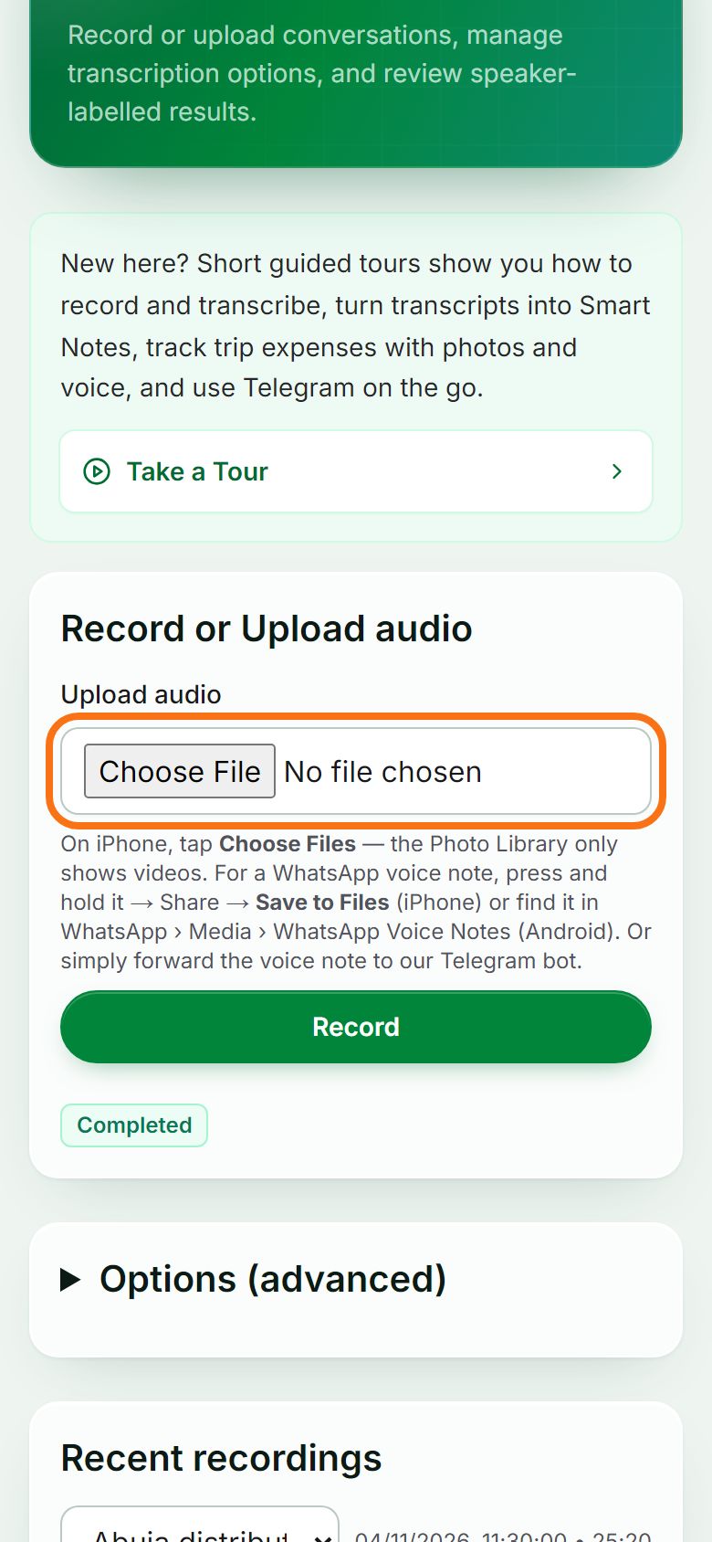 Step 3: Or upload a recording