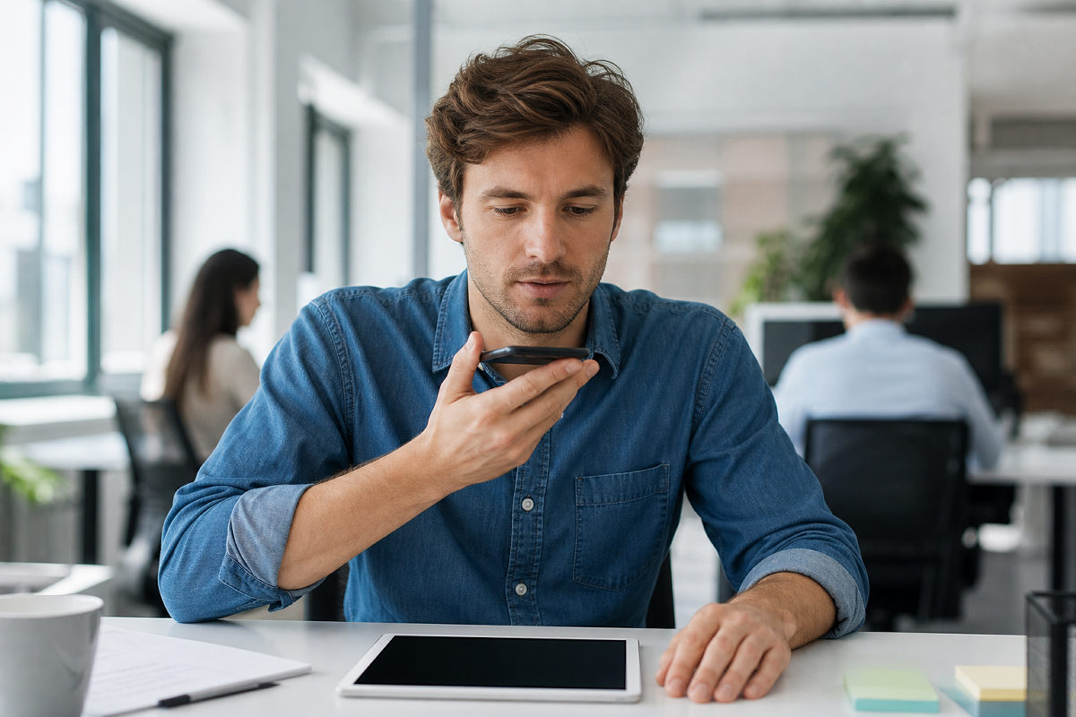 Recording a voice note at a modern office desk