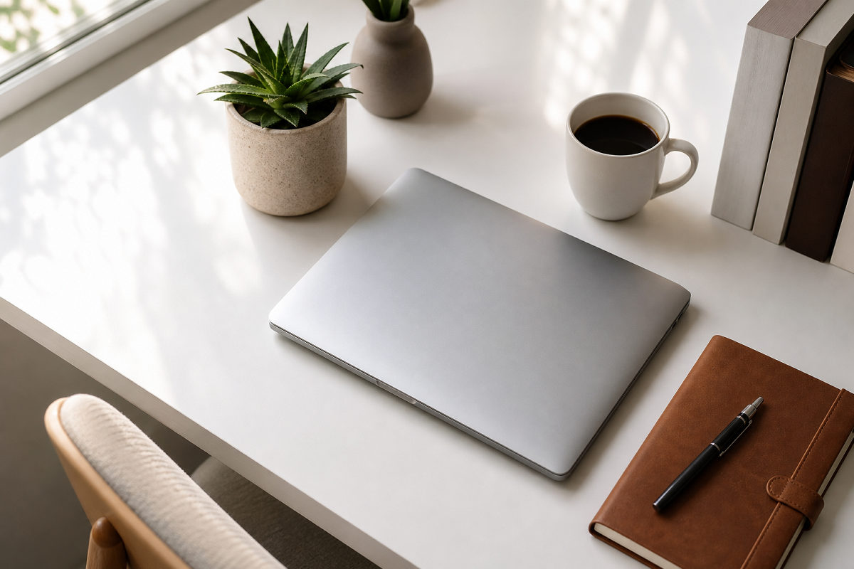 Minimal desk with laptop, coffee, and notebook