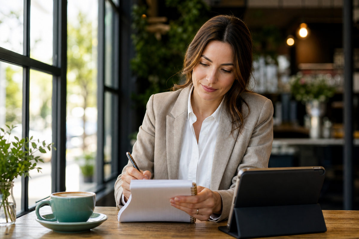 Reviewing notes with tablet in a café
